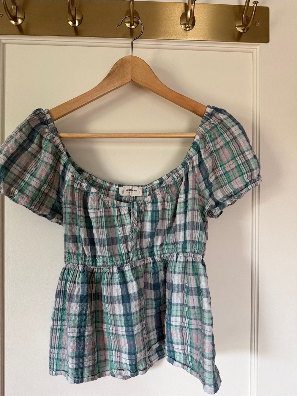 Green and blue plaid babydoll top size small